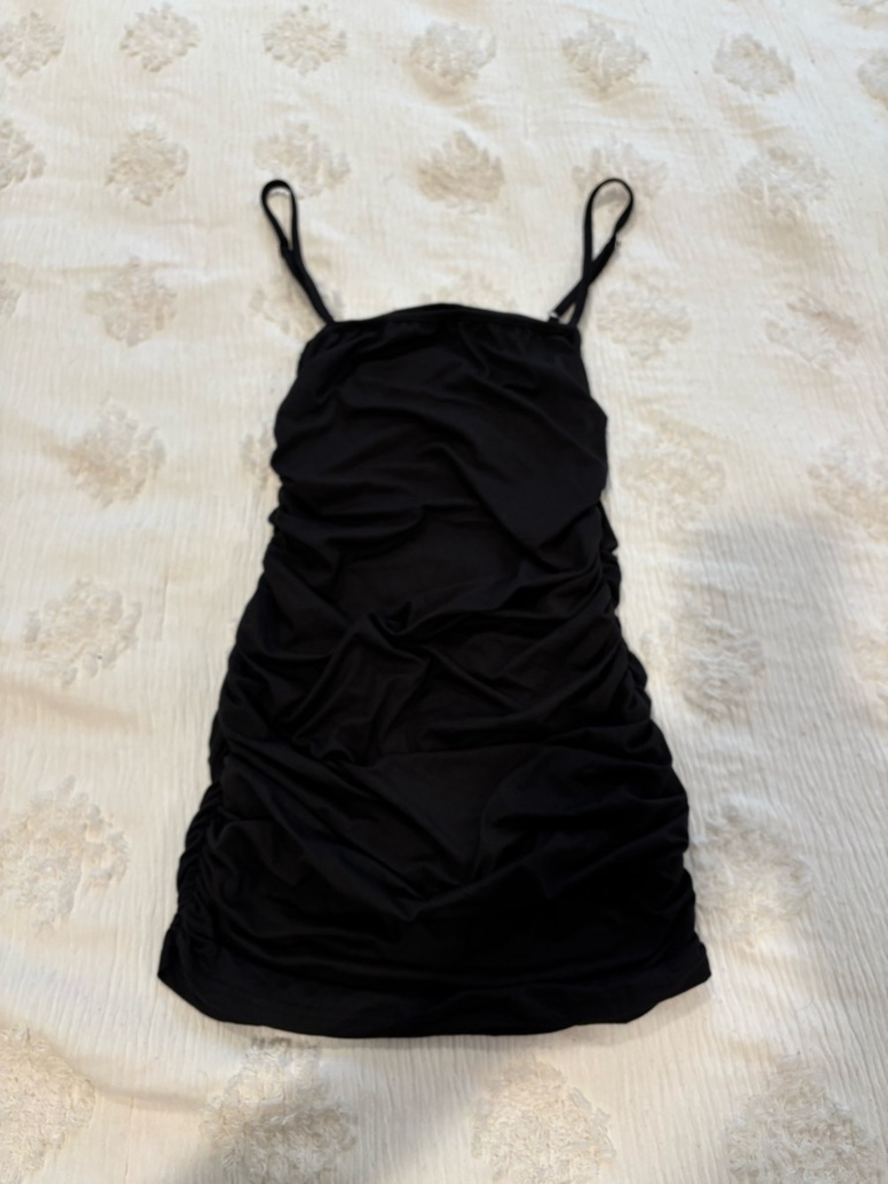 Black Ruched Spaghetti Strap Mini Dress